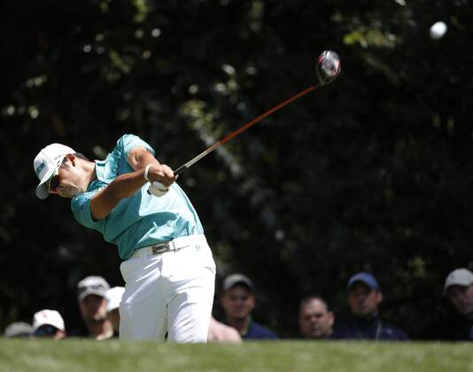 Golf: Matsuyama at Masters Hideki Matsuyama of Japan hits a tee shot on the 11th hole in the first round of the Masters in Augusta, Georgia, on April 5, 2018. 