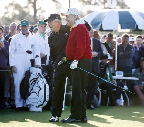 Masters golf tournament begins Honorary starters Jack Nicklaus (R) and Gary Player are pictured after hitting their tee shots to mark the start the Masters in Augusta, Georgia, on April 5, 2018. 