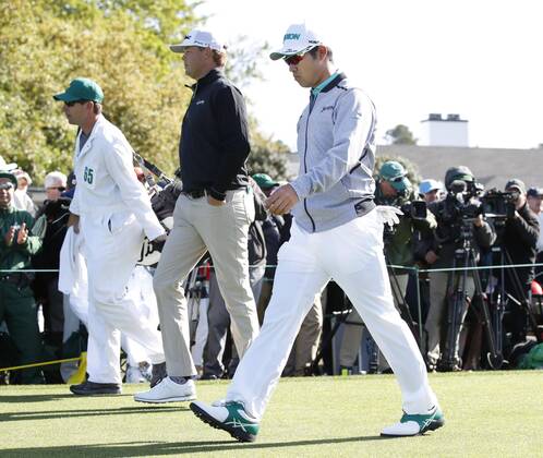 Golf: Masters Tournament 1st round Hideki Matsuyama of Japan (R) is pictured at the Augusta National Golf Club in Georgia as the Masters Tournament starts on April 5, 2018. 