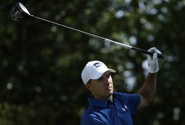 Jordan Spieth reacts after his tee shot on hole 2 in the 2nd round of the 2018 Masters Tournament at the Augusta National Golf Club in Augusta, Georgia, on April 6, 2018.  AUG20180406101 JOHNxANGELILLO