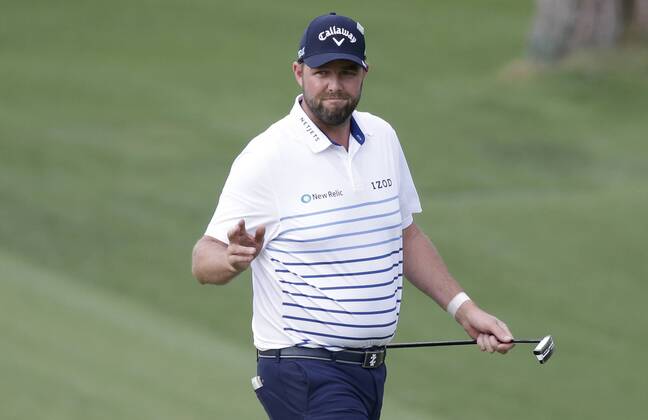 Marc Leishman of Australia reacts after making a putt for par on the 10th green in the 2nd round of the 2018 Masters Tournament at the Augusta National Golf Club in Augusta, Georgia, on April 6, 2018.  AUG20180406150 JOHNxANGELILLO