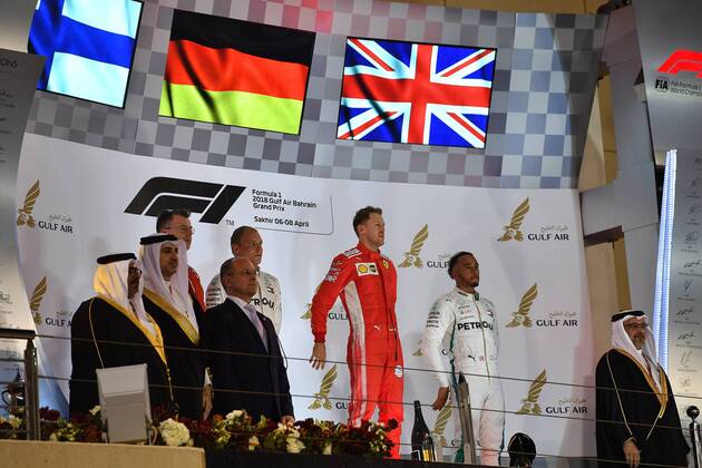 Podium formula 1 GP Bahrain in Manama Shakir 08 04 2018 Photo mspb Jerry Andre Podium formula 1 GP Bahrain 2018