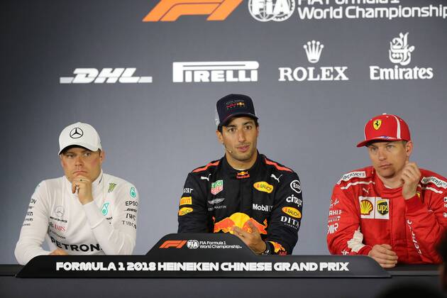 (From left) First runner-up Finnish F1 driver Valtteri Bottas of Mercedes, winner Australian F1 driver Daniel Ricciardo of Red Bull Racing and second runner-up Finnish F1 driver Kimi Raikkonen of Ferrari attend the press conference PK Pressekonferenz after the 2018 Formula One Chinese Grand Prix at the Shanghai International Circuit in Shanghai, China, 15 April 2018. Red Bull driver Daniel Ricciardo yanked off his right shoe, poured champagne into it as he stood on the podium, and then drank up to his unlikely victory in Sunday s Chinese Grand Prix. The Australian started from the third row, but took advantage when the safety car came out on the 31st lap to allow him to get fresh, soft tires when the other leaders were running on worn rubber and couldn t get in quickly to change. Red Bull s Daniel Ricciardo wins Chinese Grand Prix; 6th career win  20180415_08673
