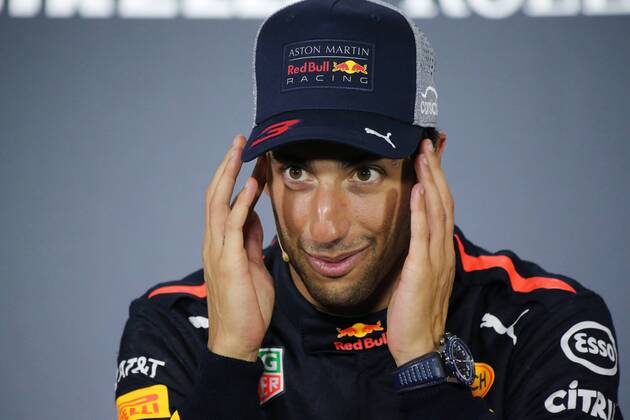 Australian F1 driver Daniel Ricciardo of Red Bull Racing reacts during the press conference PK Pressekonferenz after winning the 2018 Formula One Chinese Grand Prix at the Shanghai International Circuit in Shanghai, China, 15 April 2018. Red Bull driver Daniel Ricciardo yanked off his right shoe, poured champagne into it as he stood on the podium, and then drank up to his unlikely victory in Sunday s Chinese Grand Prix. The Australian started from the third row, but took advantage when the safety car came out on the 31st lap to allow him to get fresh, soft tires when the other leaders were running on worn rubber and couldn t get in quickly to change. Red Bull s Daniel Ricciardo wins Chinese Grand Prix; 6th career win  20180415_88602