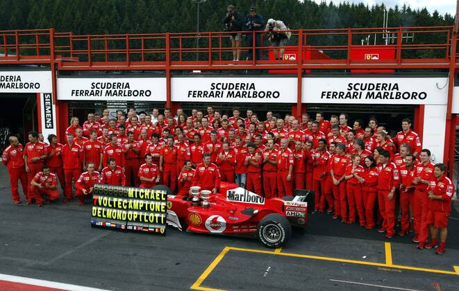 BRU460 - - FRANCORCHAMPS, BELGIUM : The whole Ferrari team pose for a family picture after the Belgian Formula One Grand Prix, Sunday 29 August 2004, on the race track of Spa-Francorchamps. Finnish Kimi Raikkonen won the race and Michael Schumacher got World Champion for the 7th time. MICHELxKRAKOWSKI  x2141813x