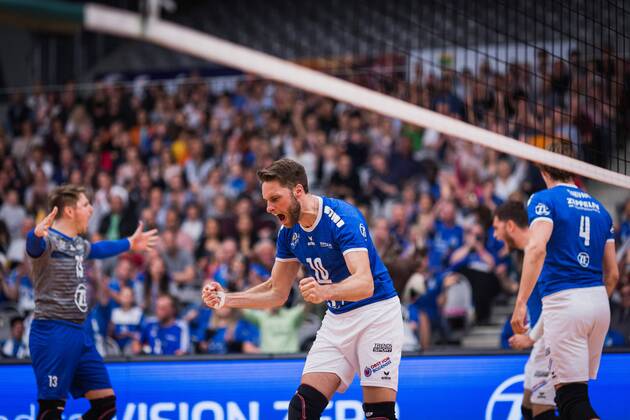 Friedrichshafen Germany 26 04 2018 Simon Tischer Friedrichshafen 10 at the Playoff Final Game 1 of the Volleyball Bundesliga between VfB Friedrichshafen and the Berlin Recycling Volleys