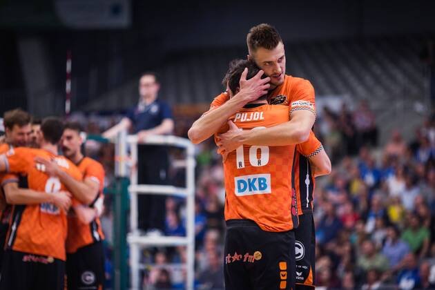Friedrichshafen Germany 26 04 2018 Aleksandar Okolic BR Volleys 1 and Pierre Pujol BR Volleys 18 celebrate the Volleyball Bundesliga play-off final match between VfB Friedrichshafen and the Berlin Recycling Volleys