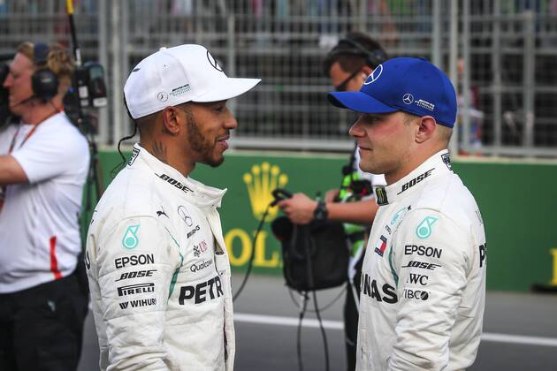 Motorsports: World Championship WM Weltmeisterschaft 2018; Grand Prix Azerbaijan, Grand Prix of Europe, Formula 1 2018 Azerbaijan Grand Prix, 44 Lewis Hamilton (GBR, Mercedes AMG Petronas F1 Team), 77 Valtteri Bottas (FIN, Mercedes AMG Petronas), Baku Azerbaijan