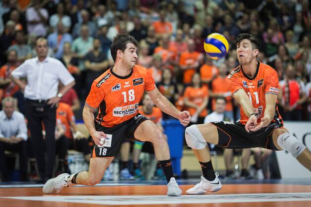Berlin Germany 29 04 2018 Pierre Pujol BR Volleys 18 and Adam White BR Volleys 11 at Playoff Final Game 2 of the Volleyball Bundesliga between Berlin Recycling Volleys and VfB Friedrichshafen