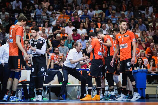 Berlin Germany 29 04 2018 Manager Stelian Moculescu BR Volleys at Playoff Final Game 2 of the Volleyball Bundesliga between Berlin Recycling Volleys and VfB Friedrichshafen