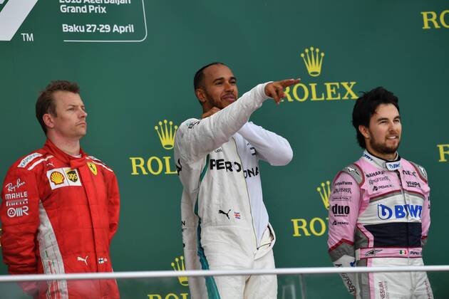 Podium Kimi Raiikkoenen Scuderia Ferrari Lewis Hamilton Mercedes Grand Prix Sergio Perez Sahara Force India F1 Formula 1 GP Baku Azerbaijan 29 04 2018 Photo mspb Jerry Andre Podium Kimi Raiikkoenen Lewis Hamilton Sergio Perez Formula 1 GP Azerbaijan 2018