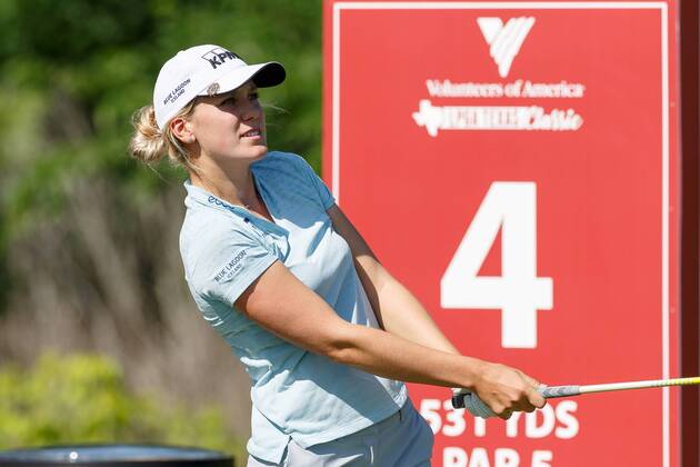 THE COLONY, TX - MAY 05: Olafia Kristinsdottir of Iceland hits her tee shot on 4 during the LPGA Golf Damen Volunteers of America Texas Classic on May 5, 2018 at the Old American Golf Club in The Colony, TX. (Photo by Andrew Dieb Icon Sportswire) GOLF: MAY 05 LPGA - Volunteers of America Texas Classic Icon180505277 EDITORIAL USE ONLY