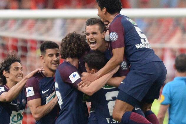 18 GIOVANI LO CELSO (PSG) - 17 YURI BERCHICHE (PSG) - 09 EDINSON CAVANI (PSG) - JOIE FOOTBALL : Les Herbiers vs Paris SG - Coupe de France - Finale - 08 05 2018 AnthonyBIBARD FEP Panoramic 