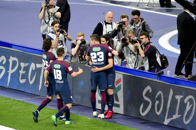 joie des joueurs du PSG apres le but sur penalty de CAVANI Edinson (PSG) FOOTBALL : Les herbiers vs PSG - Finale de la Coupe de France - St Denis - 08 05 2018 JBAutissier Panoramic 