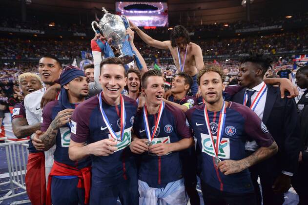 16 ALPHONSE AREOLA (PSG) - 20 LAYVIN KURZAWA (PSG) - 23 JULIAN DRAXLER (PSG) - 18 GIOVANI LO CELSO (PSG) - 10 NEYMAR JR (PSG) - 37 TIMOTHY WEAH (PSG) - JOIE FOOTBALL : Les Herbiers vs Paris SG - Coupe de France - Finale - 08 05 2018 AnthonyBIBARD FEP Panoramic 