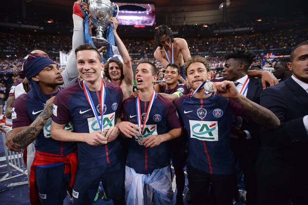 20 LAYVIN KURZAWA (PSG) - 23 JULIAN DRAXLER (PSG) - 18 GIOVANI LO CELSO (PSG) - 02 THIAGO SILVA (PSG) - 10 NEYMAR JR (PSG) - 37 TIMOTHY WEAH (PSG) - 25 ADRIEN RABIOT (PSG) - JOIE FOOTBALL : Les Herbiers vs Paris SG - Coupe de France - Finale - 08 05 2018 AnthonyBIBARD FEP Panoramic 