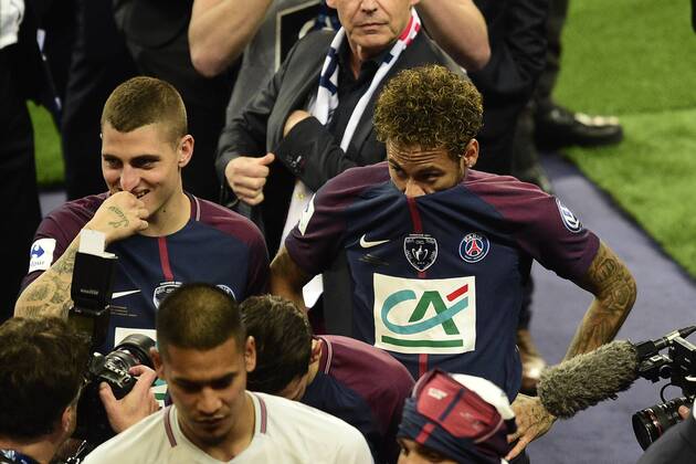 Neymar Jr (PSG) VERRATTI Marco (PSG) FOOTBALL : Les herbiers vs PSG - Finale de la Coupe de France - St Denis - 08 05 2018 JBAutissier Panoramic 