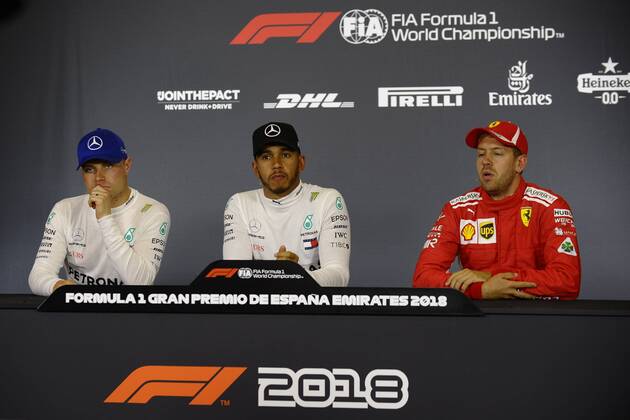 Valtteri Bottas of Finland and Lewis Hamilton of Great Britain and Mercedes AMG Petronas F1 Team and Sebastian Vettel of Germany and Scuderia Ferrari in the press conference PK Pressekonferenz after qualifying for the Spanish Formula One Grand Prix at Circuit de Catalunya on May 11, 2018 in Montmelo, Spain.  xJosexBreton CordonxPressx xSpanishxF1xGrandxPrixx-xPracticex