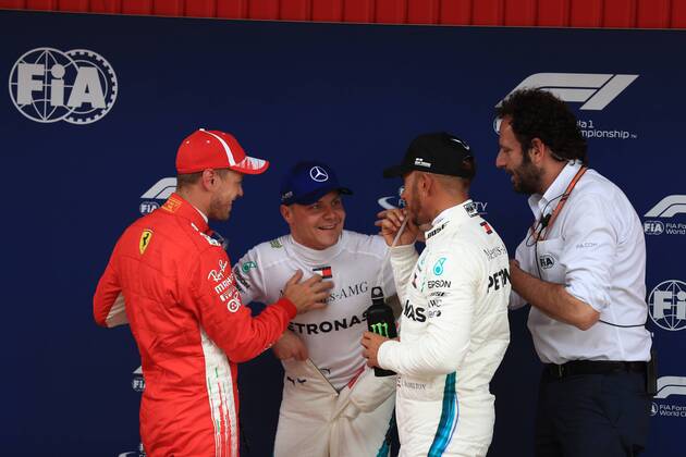 12th May, Circuit de Barcelona, Barcelona, Spain; Spanish Formula One Grand Prix, Saturday qualifying; Mercedes AMG Petronas Motorsport, Lewis Hamilton takes pole followed by team mate Valtteri Bottas and Scuderia Ferrari, Sebastian Vettel  ActionPlus12023904