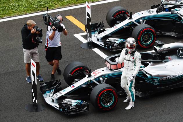 12th May, Circuit de Barcelona, Barcelona, Spain; Spanish Formula One Grand Prix, Saturday qualifying; Lewis Hamilton of Mercedes-AMG-Petronas Formula One Team celebrates his pole position in the Spanish GP  ActionPlus12023922