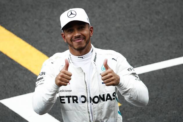 12th May, Circuit de Barcelona, Barcelona, Spain; Spanish Formula One Grand Prix, Saturday qualifying; Lewis Hamilton of Mercedes-AMG-Petronas Formula One Team celebrates his pole position in the Spanish GP  ActionPlus12023924