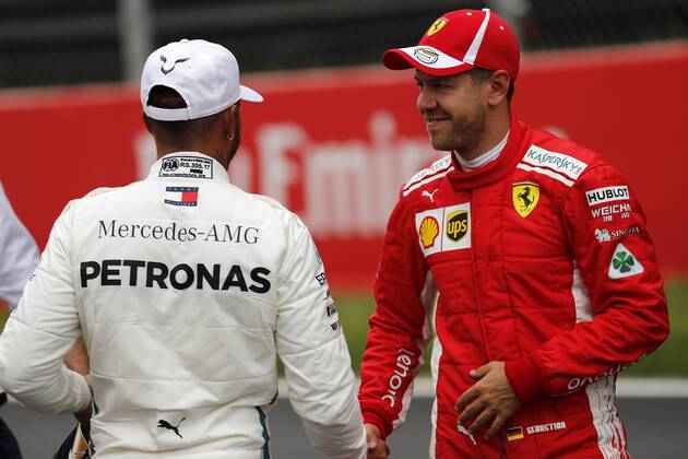 Photo4 LaPresse 12 05 2018 Barcelona, Spain Grand Prix Formula One Spain 2018 In the pic: Lewis Hamilton (GBR) Mercedes AMG F1 W09 pole position and 3rd position Sebastian Vettel (GER) Scuderia Ferrari SF71H & xa9; Photo4 LaPresse 12 05 2018 Barcelona, Spain Sport Grand Prix Formula One Spain 2018 In the pic: Lewis Hamilton (GBR) Mercedes AMG F1 W09 pole position and 3rd position Sebastian Vettel (GER) Scuderia Ferrari SF71H  Copyright: xPhoto4 LaPressex