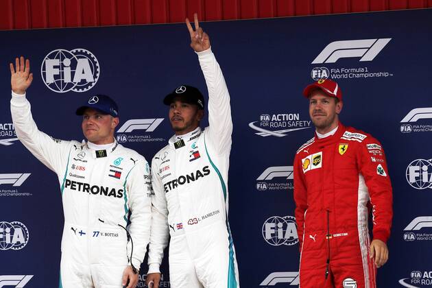 Photo4 LaPresse 12 05 2018 Barcelona, Spain Grand Prix Formula One Spain 2018 In the pic: 2nd position Valtteri Bottas (FIN) Mercedes AMG F1 W09, Lewis Hamilton (GBR) Mercedes AMG F1 W09 pole position and 3rd position Sebastian Vettel (GER) Scuderia Ferrari SF71H & xa9; Photo4 LaPresse 12 05 2018 Barcelona, Spain Sport Grand Prix Formula One Spain 2018 In the pic: 2nd position Valtteri Bottas (FIN) Mercedes AMG F1 W09, Lewis Hamilton (GBR) Mercedes AMG F1 W09 pole position and 3rd position Sebastian Vettel (GER) Scuderia Ferrari SF71H  Copyright: xPhoto4 LaPressex