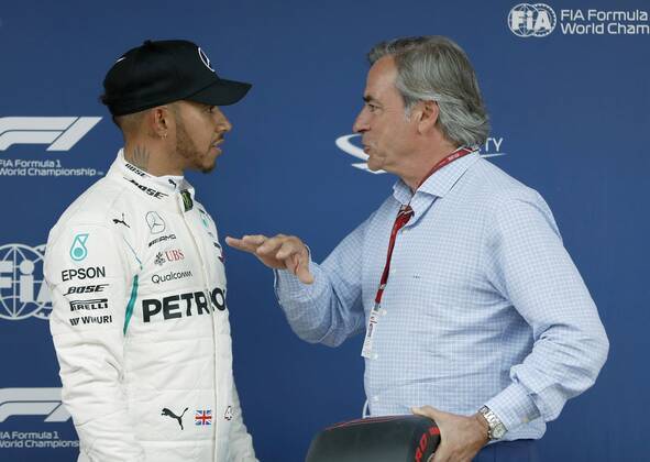 British F-1 driver Lewis Hamilton (L), of Mercedes GP team, chats with Spanish rally driver Carlos Sainz (R) after winning the pole position after the qualifying session for F-1 Spain GP race at Circuito de Barcelona-Cataluna circuit in Montmelo, outside Barcelona, Spain, 12 May 2018. The race will be held on 13 May 2018. Qualifying session for F-1 Spain GP race !ACHTUNG: NUR REDAKTIONELLE NUTZUNG!  Copyright: xAndreuxDalmaux GRAF5766 20180512-636617464283400096
