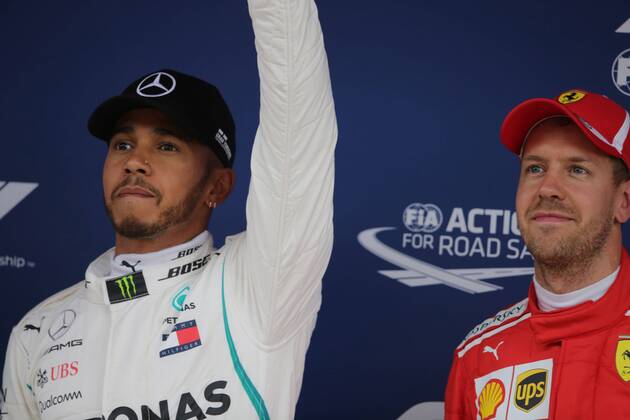 Photo4 LaPresse 12 05 2018 Barcelona, Spain Grand Prix Formula One Spain 2018 In the pic: pole position 1st position Lewis Hamilton (GBR) Mercedes AMG F1 W09 3rd position Sebastian Vettel (GER) Scuderia Ferrari SF71H & xa9; Photo4 LaPresse 12 05 2018 Barcelona, Spain Sport Grand Prix Formula One Spain 2018 In the pic: pole position 1st position Lewis Hamilton (GBR) Mercedes AMG F1 W09 3rd position Sebastian Vettel (GER) Scuderia Ferrari SF71H  Copyright: xPhoto4 LaPressex