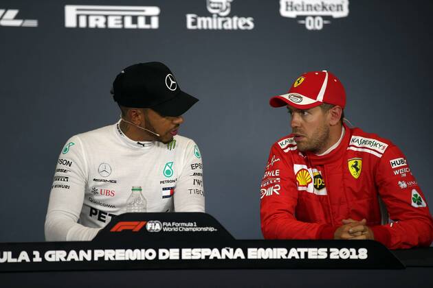 Photo4 LaPresse 12 05 2018 Barcelona, Spain Grand Prix Formula One Spain 2018 In the pic: Lewis Hamilton (GBR) Mercedes AMG F1 W09 and Sebastian Vettel (GER) Scuderia Ferrari SF71H & xa9; Photo4 LaPresse 12 05 2018 Barcelona, Spain Sport Grand Prix Formula One Spain 2018 In the pic: Lewis Hamilton (GBR) Mercedes AMG F1 W09 and Sebastian Vettel (GER) Scuderia Ferrari SF71H  Copyright: xPhoto4 LaPressex