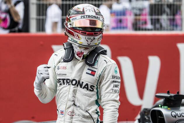 May 12, 2018 - Montmelo, Spain - 44 Lewis Hamilton from Great Britain Mercedes W09 Hybrid EQ Power+ team Mercedes GP celebrating his pole position during the Spanish Formula One Grand Prix at Circuit de Catalunya on March 12, 2018 in Montmelo, Spain. Spanish F1 Grand Prix - Qualifying  - ZUMAn230 20180512_zaa_n230_776 Copyright: xXavierxBonillax