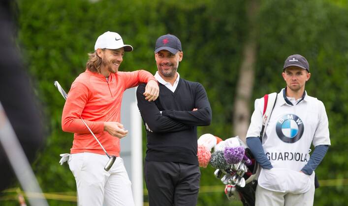 Pep Guardiola (Manchester City Manager) & Tommy Fleetwood (England) during the BMW PGA Golf Herren PRO-AM GOLF at Wentworth Drive, Virginia Water, England on 23 May 2018. Copyright: xAndyxRowlandx PMI-2046-0002