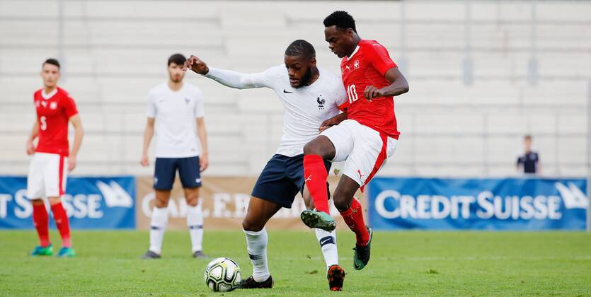 25 05 2018 Tissot Arena Biel SWITZERLAND International Football U21 Switzerland France Olivier Ntcham li France U21 against Dimitri Oberlin Switzerland U21