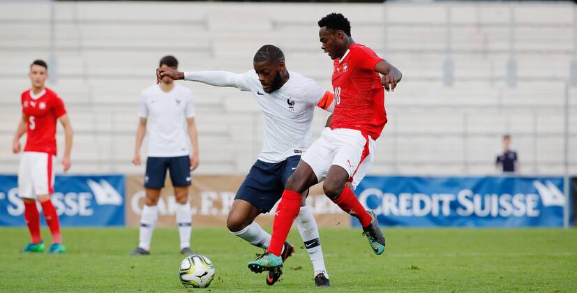25 05 2018 Tissot Arena Biel SWITZERLAND International Football U21 Switzerland France Olivier Ntcham li France U21 against Dimitri Oberlin Switzerland U21