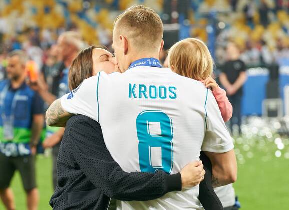 Jessica Farber wife of Toni KROOS Real Madrid 8 with daughter and son Leon with Champions League trophy REAL MADRID FC LIVERPOOL Football UEFA Champions League Final Kiev Ukraine May 26 2018 CL Season 2017 2018