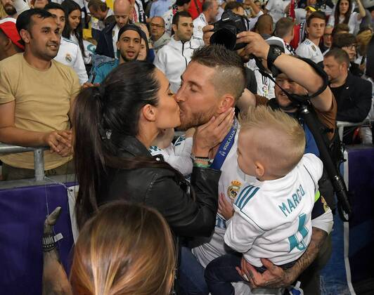 26 05 2018 Football UEFA Champions League Final 2018 Real Madrid FC Liverpool at the Kiev Olympic Stadium Ukraine Winners Real Madrid celebrates winning the Champions League Sergio Ramos Real Madrid with girlfriend Pila Rubio and his children
