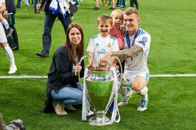 Jessica Farber Toni KROOSs wife Real Madrid 8 and son Leon with Champions League trophy REAL MADRID FC LIVERPOOL Football UEFA Champions League Final Kiev Ukraine May 26 2018 CL Season 2017 2018