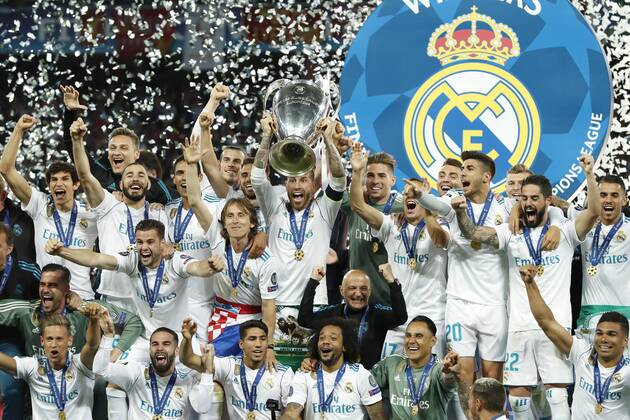 goalkeeper Keylor Navas of Real Madrid, Daniel Carvajal of Real Madrid, Sergio Ramos of Real Madrid with UEFA Champions League trophy, Coupe des clubs Champions Europeens, Raphael Varane of Real Madrid, Cristiano Ronaldo of Real Madrid, Karim Benzema of Real Madrid, Luka Modric of Real Madrid, Gareth Bale of Real Madrid, Marcelo of Real Madrid, Casemiro of Real Madrid, Isco of Real Madrid, goalkeeper Kiko Casilla of Real Madrid, Nacho of Real Madrid, Gareth Bale of Real Madrid, Theo Hernandez of Real Madrid, Lucas Vazquez of Real Madrid, Marco Asensio of Real Madrid, Mateo Kovacic of Real Madrid, during the UEFA Champions League final between Real Madrid and Liverpool on May 26, 2018 at NSC Olimpiyskiy Stadium in Kyiv, Ukraine UEFA Champions League 2017 2018 xVIxVIxImagesx xMauricexvanxSteenxIVx 11044427