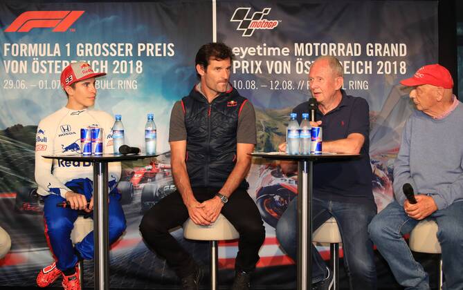 FORMULA 1 - Marc Marquez SPIELBERG,AUSTRIA,05.JUN.18 - MOTORSPORTS, FORMULA 1 - Red Bull Ring, Marc Marquez, press conference PK Pressekonferenz Image shows Marc Marquez (ESP), Mark Webber (AUS), motorsport consultant Helmut Marko (Red Bull Racing) and Niki Lauda. GEPAxpictures xMarioxBuehner