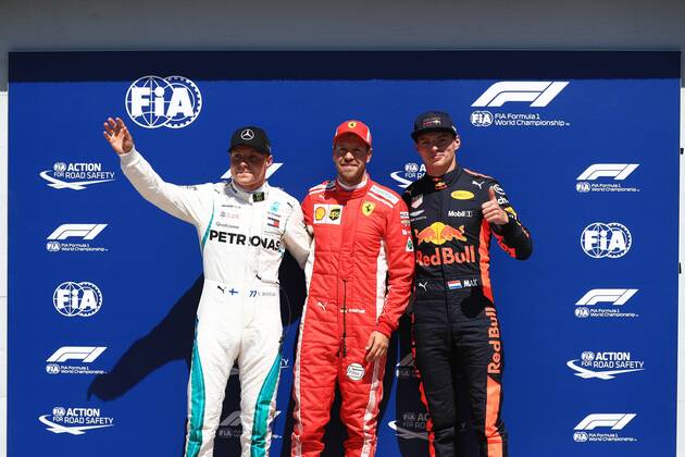 9th June 2018, Circuit Gilles-Villeneuve, Montreal, Canada; Canadian Formula One Grand Prix, qualification; Scuderia Ferrari, Sebastian Vettel takes pole followed by Mercedes AMG Petronas Motorsport; Valtteri Bottas and Aston Martin Red Bull Racing TAG Heuer, Max Verstappen  ActionPlus12035027 Octane