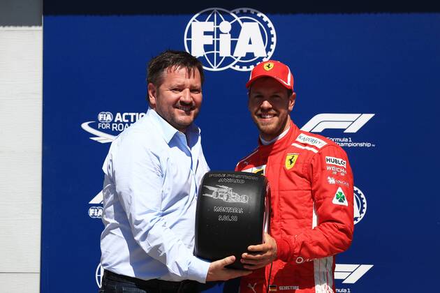 Bilder des Tages - SPORT 9th June 2018, Circuit Gilles-Villeneuve, Montreal, Canada; Canadian Formula One Grand Prix, qualification; Scuderia Ferrari, Sebastian Vettel takes pole and the pole trophy  ActionPlus12035031 Octane