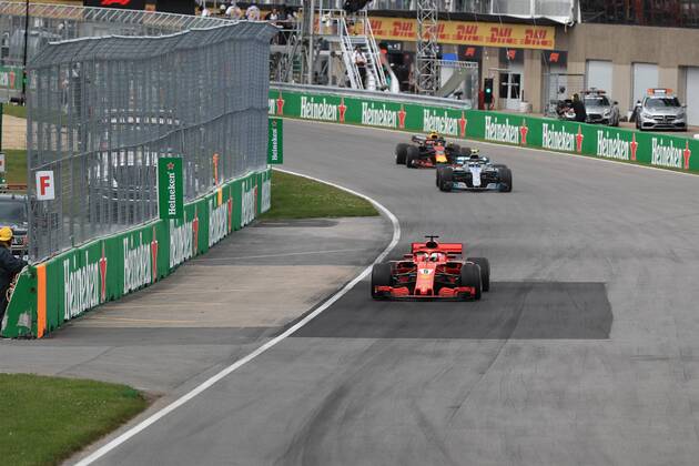10th June 2018, Circuit Gilles-Villeneuve, Montreal, Canada; Canadian Formula One Grand Prix, race day; Scuderia Ferrari, Sebastian Vettel leads as the safety car pulls off  ActionPlus12035548 Octane