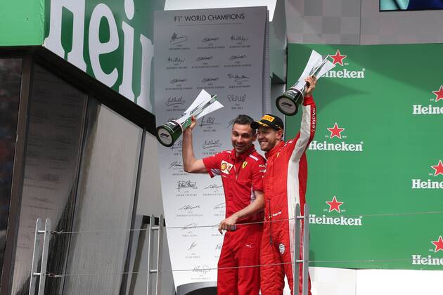 Photo4 LaPresse 10 06 2018 Montreal, Canada Grand Prix Formula One Canada 2018 In the pic: the podium, Sebastian Vettel (GER) Scuderia Ferrari SF71H and the Scuderia Ferrri Team Representative  Copyright: xPhoto4 LaPressex