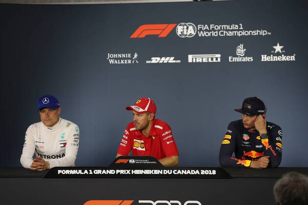 Photo4 LaPresse 10 06 2018 Montreal, Canada Grand Prix Formula One Canada 2018 In the pic: L to r Valtteri Bottas (FIN) Mercedes AMG F1 W09, Sebastian Vettel (GER) Scuderia Ferrari SF71H and Max Verstappen (NED) Red Bull Racing RB14  Copyright: xPhoto4 LaPressex