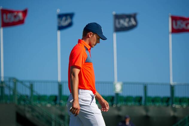 Jordan Spieth from the United States walks on the 10th fairway in the first round of the 118th U.S. Open Championship at Shinnecock Hills Golf Club in Southampton, New York on June 14, 2018.  NYP20180614108 COREYxSIPKIN