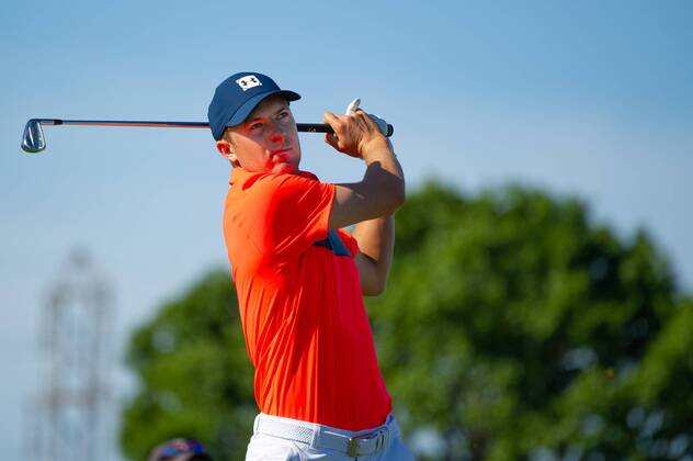 Jordan Spieth hits his drive from the 11th tee in the first round of the 118th U.S. Open Championship at Shinnecock Hills Golf Club in Southampton, New York on June 14, 2018.  NYP20180614120 COREYxSIPKIN