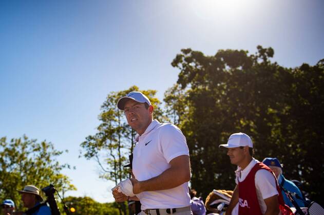 Rory McIlroy from Northern Ireland after hitting out of the rough on the 12th fairway in the first round of the 118th U.S. Open Championship at Shinnecock Hills Golf Club in Southampton, New York on June 14, 2018.  NYP20180614132 COREYxSIPKIN