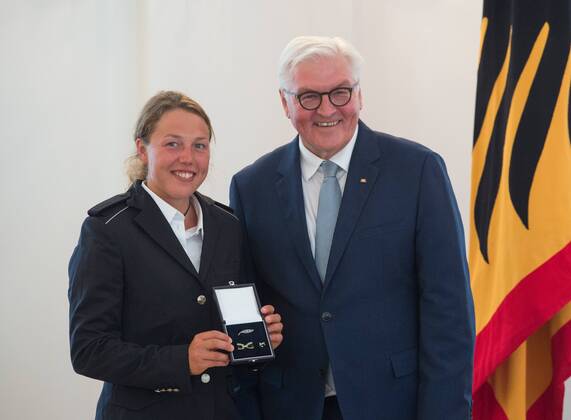 Federal President Frank Walter STEINMEIER honors biathlete Laura DAHLMEIER Garmisch Patenkirchen Award of the Silver Laurel Journal and the Order of Merit by the Federal President at Schloss Bellevue Berlin Germany on 07 06 2018 Â
