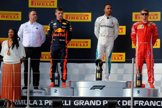 June 24, 2018 - Le Castellet, Var, France - Mercedes 44 Driver LEWIS HAMILTON (GBR) win the Formula one French Grand Prix at the Paul Ricard circuit at Le Castellet - France, Max Verstappen finish second and Kimi Raikkonen third.On the podium Madam Minister of Youth and Sports Laura Flessel. F1 2018: French Grand Prix : Lewis Hamilton won - ZUMAp119 20180624_zaf_p119_001 Copyright: xPierrexSteveninx