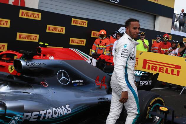 24th June 2018, Circuit Paul Ricard, Le Castellet, France; French Formula One Grand Prix, race day; Mercedes AMG Petronas Motorsport, Lewis Hamilton leaps from his car in parc ferme and takes the win  ActionPlus12040379 Octane